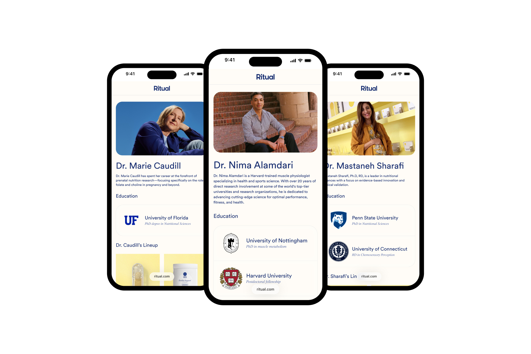 Three mobile Ritual landing page examples showing practitioner profile pages with education details and product lineups.