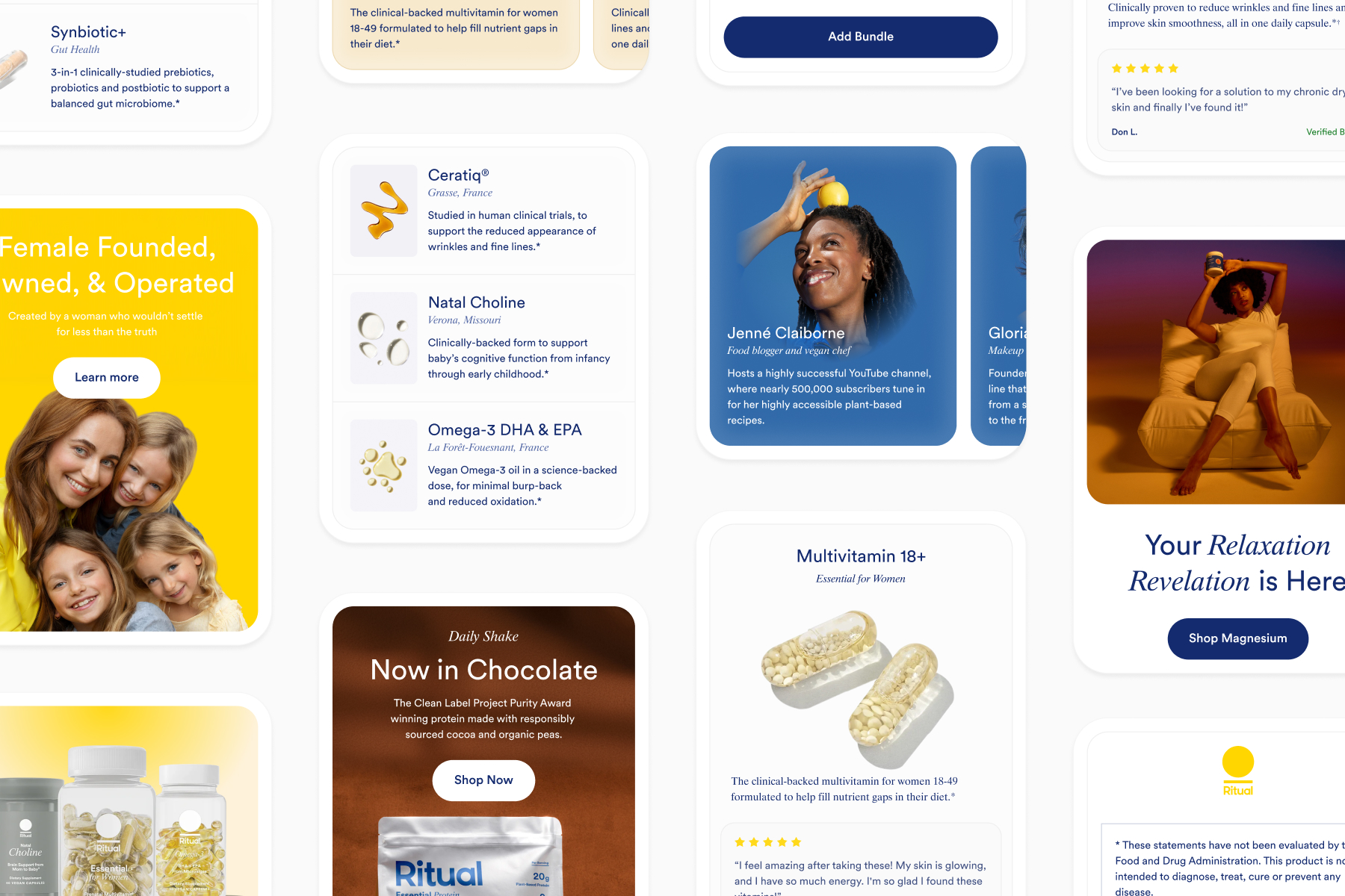 Collage of reusable Ritual landing page modules, including product cards, ingredient details, testimonials, founder content, and promotional sections.